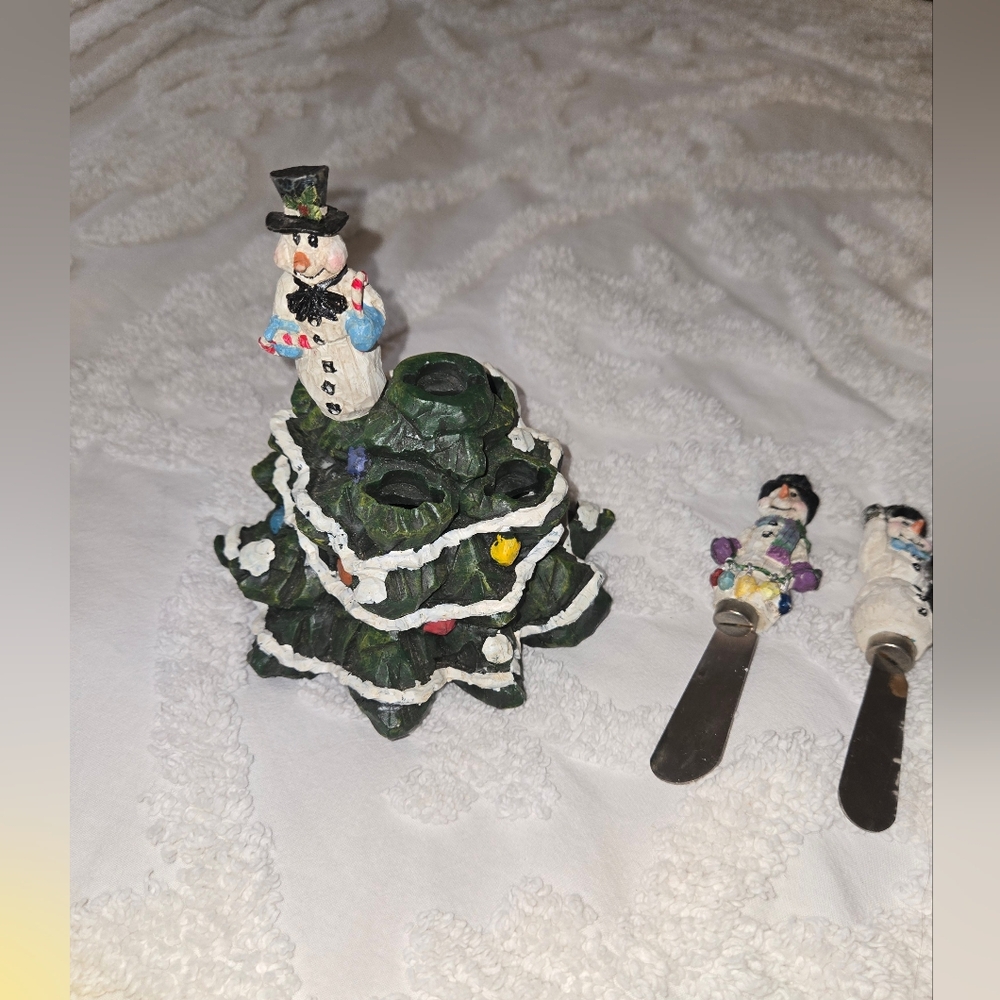 Snowman Cheese Spreaders Set with Christmas Tree Holder Christmas Holiday Winter - Picture 2 of 8